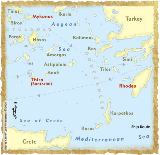 Map showing the ship's route to and from Rhodes