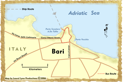 Map showing the coast of the city of Bari, Italy